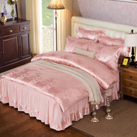 HKM-553555 Satin Jacquard Bedspread Set with Bed Skirt - Plant Floral Design, Yellow, Fits 1.8m Bed