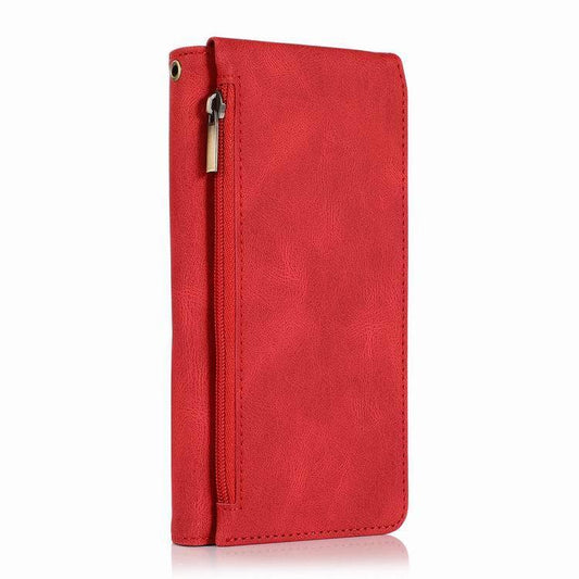 HKM-553811 Leather Wallet Phone Case - Solid Color Zipper Bag with Card Holder for Mobile Devices