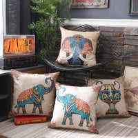HKM-553939 Elephant-Themed Linen Cushion Cover - Floral Frame Designs, 45x45cm