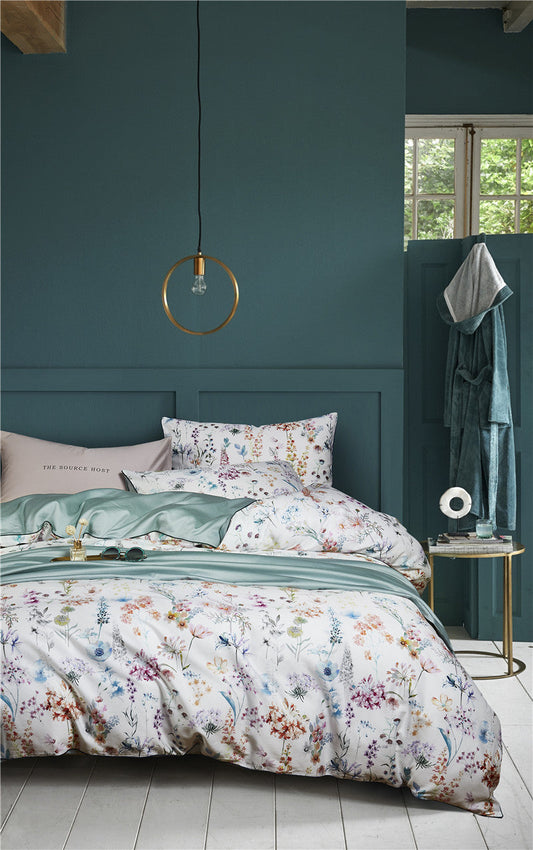 HKM-554387 Satin Cotton Four-Piece Pastoral Bedding Set with Floral and Plant Prints