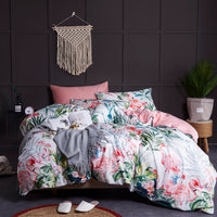 HKM-554387 Satin Cotton Four-Piece Pastoral Bedding Set with Floral and Plant Prints