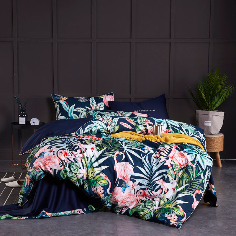 HKM-554387 Satin Cotton Four-Piece Pastoral Bedding Set with Floral and Plant Prints