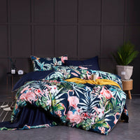 HKM-554387 Satin Cotton Four-Piece Pastoral Bedding Set with Floral and Plant Prints