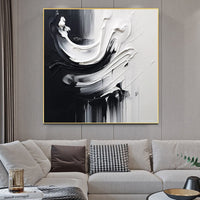HKM-554643 Handmade Black and White Abstract Oil Painting on Canvas for Modern Home Decor - Unstretched and Frameless