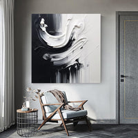 HKM-554643 Handmade Black and White Abstract Oil Painting on Canvas for Modern Home Decor - Unstretched and Frameless