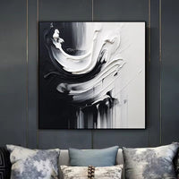 HKM-554643 Handmade Black and White Abstract Oil Painting on Canvas for Modern Home Decor - Unstretched and Frameless