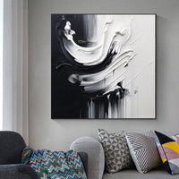 HKM-554643 Handmade Black and White Abstract Oil Painting on Canvas for Modern Home Decor - Unstretched and Frameless