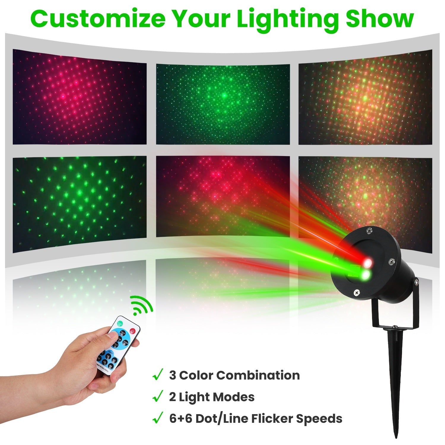 HKM-554835 Outdoor Laser Projector Light - Red and Green Holiday Projector with 3 Modes, 12 Speeds, IP44 Waterproof for Christmas and Halloween Decor