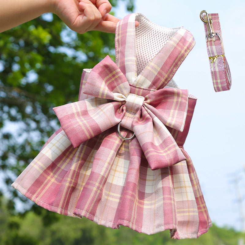 HKM-556051 Plaid Pet Skirt with Chest Strap and Leash - Dark Purple, Wine Red, Sky Blue, Navy, Dark Pink