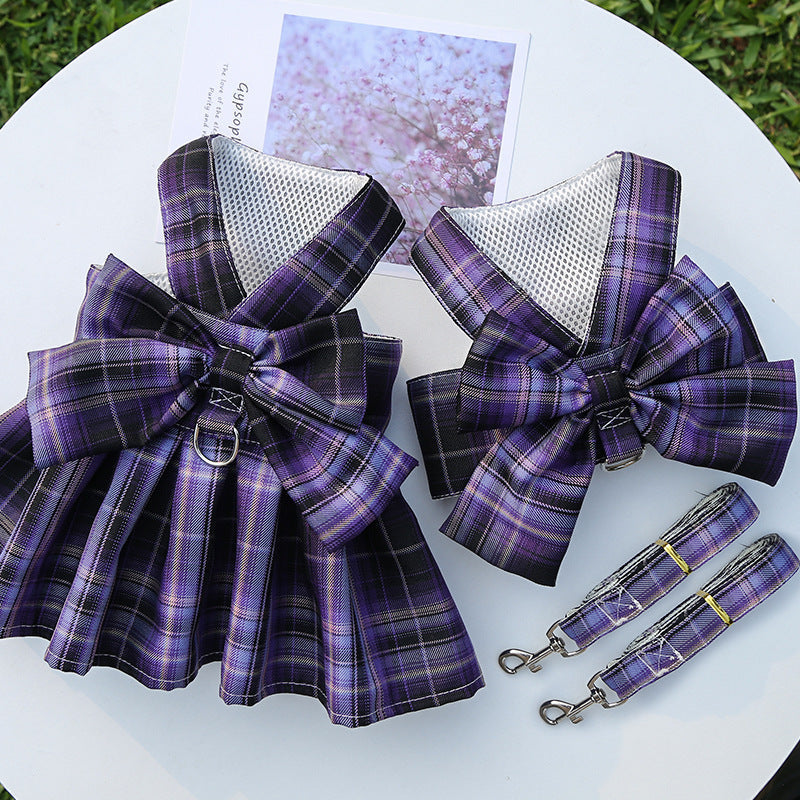 HKM-556051 Plaid Pet Skirt with Chest Strap and Leash - Dark Purple, Wine Red, Sky Blue, Navy, Dark Pink