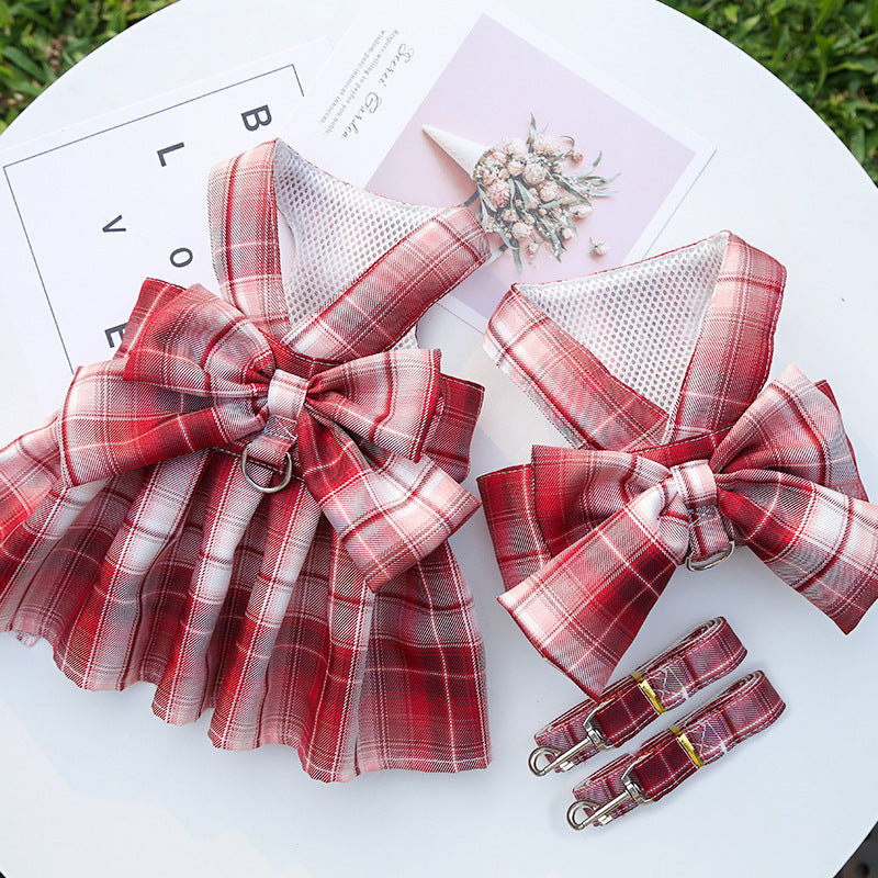 HKM-556051 Plaid Pet Skirt with Chest Strap and Leash - Dark Purple, Wine Red, Sky Blue, Navy, Dark Pink