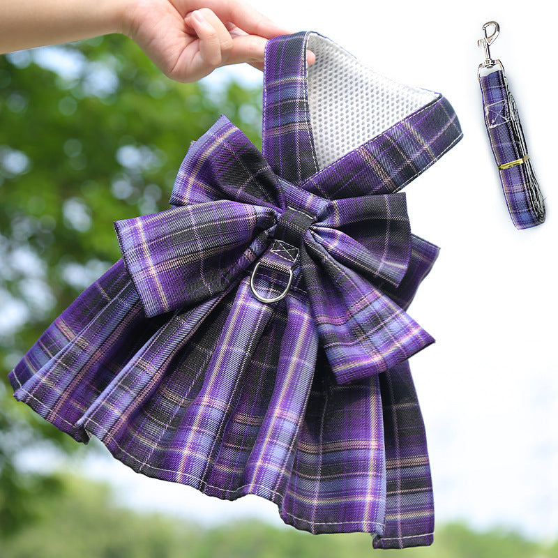 HKM-556051 Plaid Pet Skirt with Chest Strap and Leash - Dark Purple, Wine Red, Sky Blue, Navy, Dark Pink