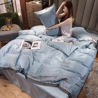 HKM-556179 Home Washed Silk 4-Piece Solid Color Bedding Set - Quilt Cover, Bed Sheets, and Pillowcases