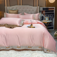 HKM-556179 Home Washed Silk 4-Piece Solid Color Bedding Set - Quilt Cover, Bed Sheets, and Pillowcases