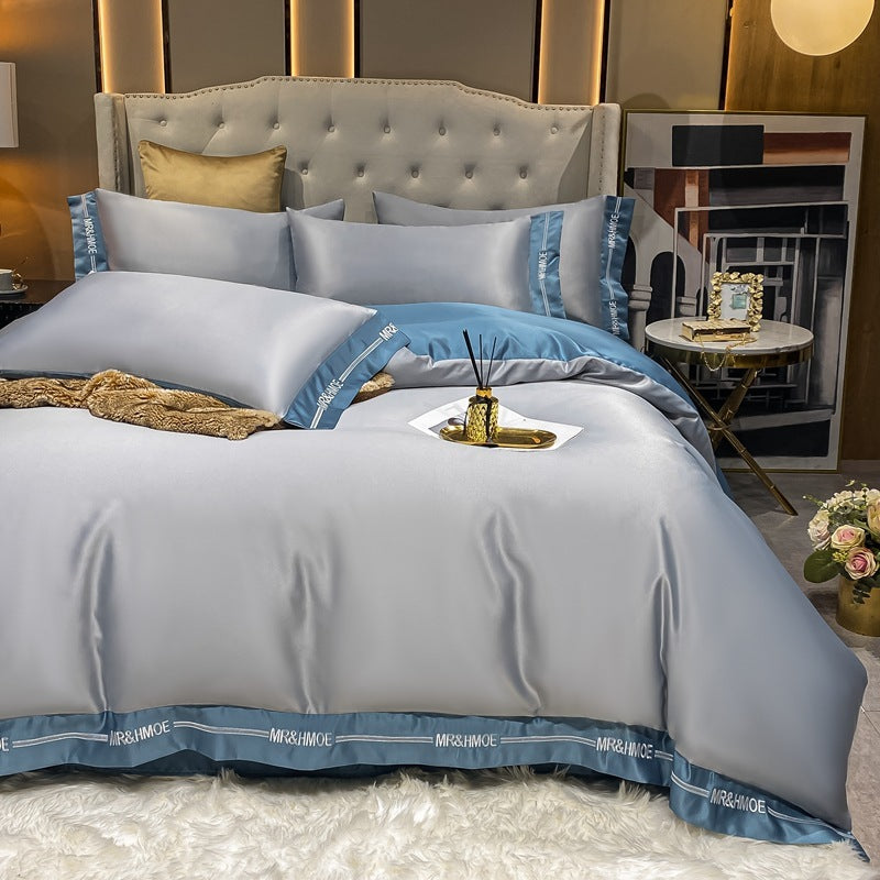 HKM-556179 Home Washed Silk 4-Piece Solid Color Bedding Set - Quilt Cover, Bed Sheets, and Pillowcases