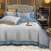 HKM-556179 Home Washed Silk 4-Piece Solid Color Bedding Set - Quilt Cover, Bed Sheets, and Pillowcases