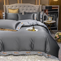 HKM-556179 Home Washed Silk 4-Piece Solid Color Bedding Set - Quilt Cover, Bed Sheets, and Pillowcases