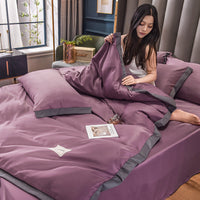 HKM-556179 Home Washed Silk 4-Piece Solid Color Bedding Set - Quilt Cover, Bed Sheets, and Pillowcases