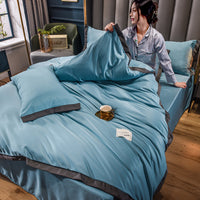 HKM-556179 Home Washed Silk 4-Piece Solid Color Bedding Set - Quilt Cover, Bed Sheets, and Pillowcases