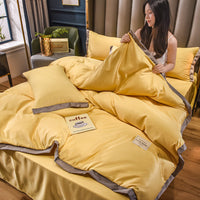 HKM-556179 Home Washed Silk 4-Piece Solid Color Bedding Set - Quilt Cover, Bed Sheets, and Pillowcases