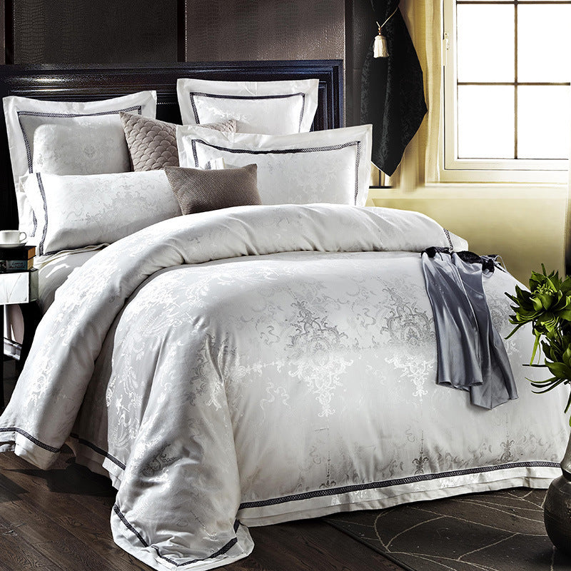 HKM-556627 Four-Piece Bedding Set in Tencel Cotton Satin Jacquard with Geometric Pattern