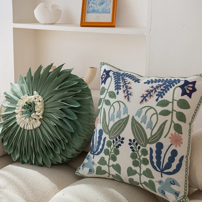 HKM-556819 Embroidered Green Fresh Tulip Pillow Cover for Sofa and Bed, 45cm x 45cm