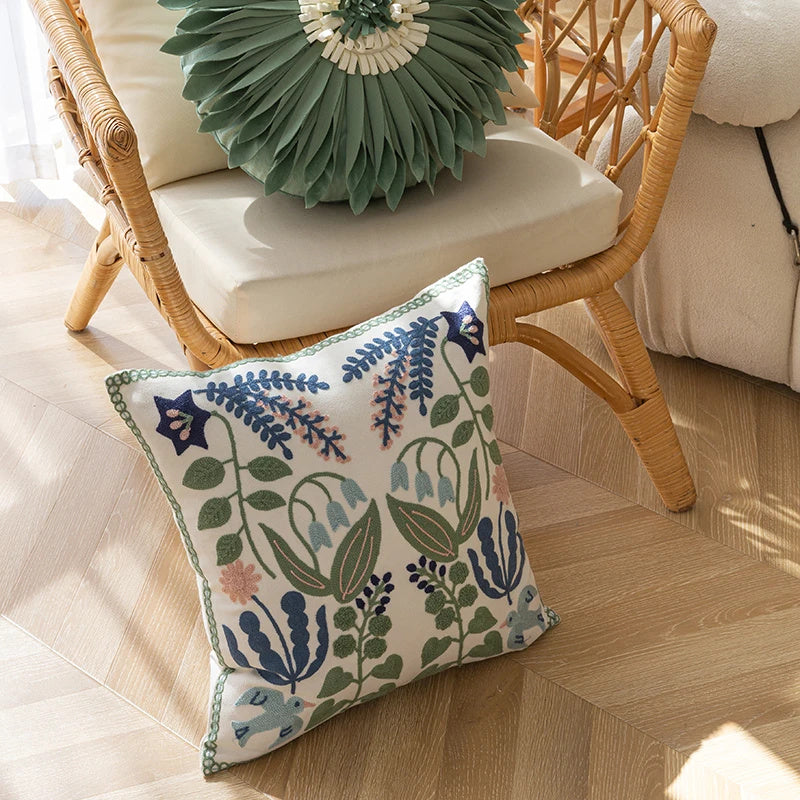 HKM-556819 Embroidered Green Fresh Tulip Pillow Cover for Sofa and Bed, 45cm x 45cm