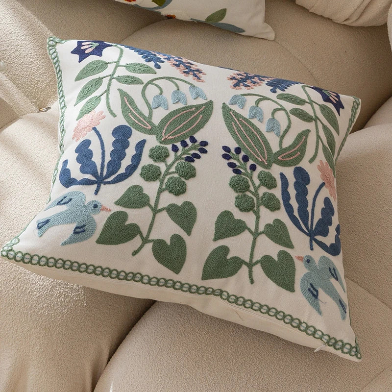 HKM-556819 Embroidered Green Fresh Tulip Pillow Cover for Sofa and Bed, 45cm x 45cm