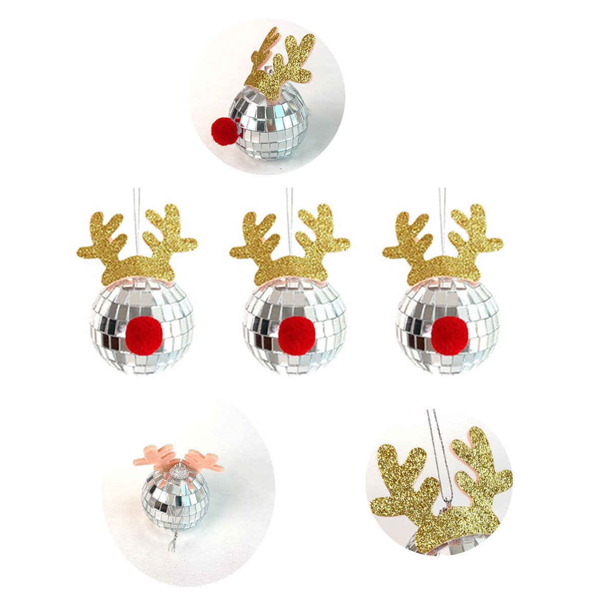 HKM-557139 Silver Disco Mirror Ball Ornaments Set - 5 Pcs Reflective Glass Elk Horns for Tree Decoration, Parties, and Festivals