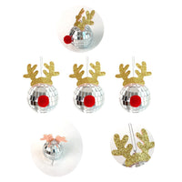 HKM-557139 Silver Disco Mirror Ball Ornaments Set - 5 Pcs Reflective Glass Elk Horns for Tree Decoration, Parties, and Festivals