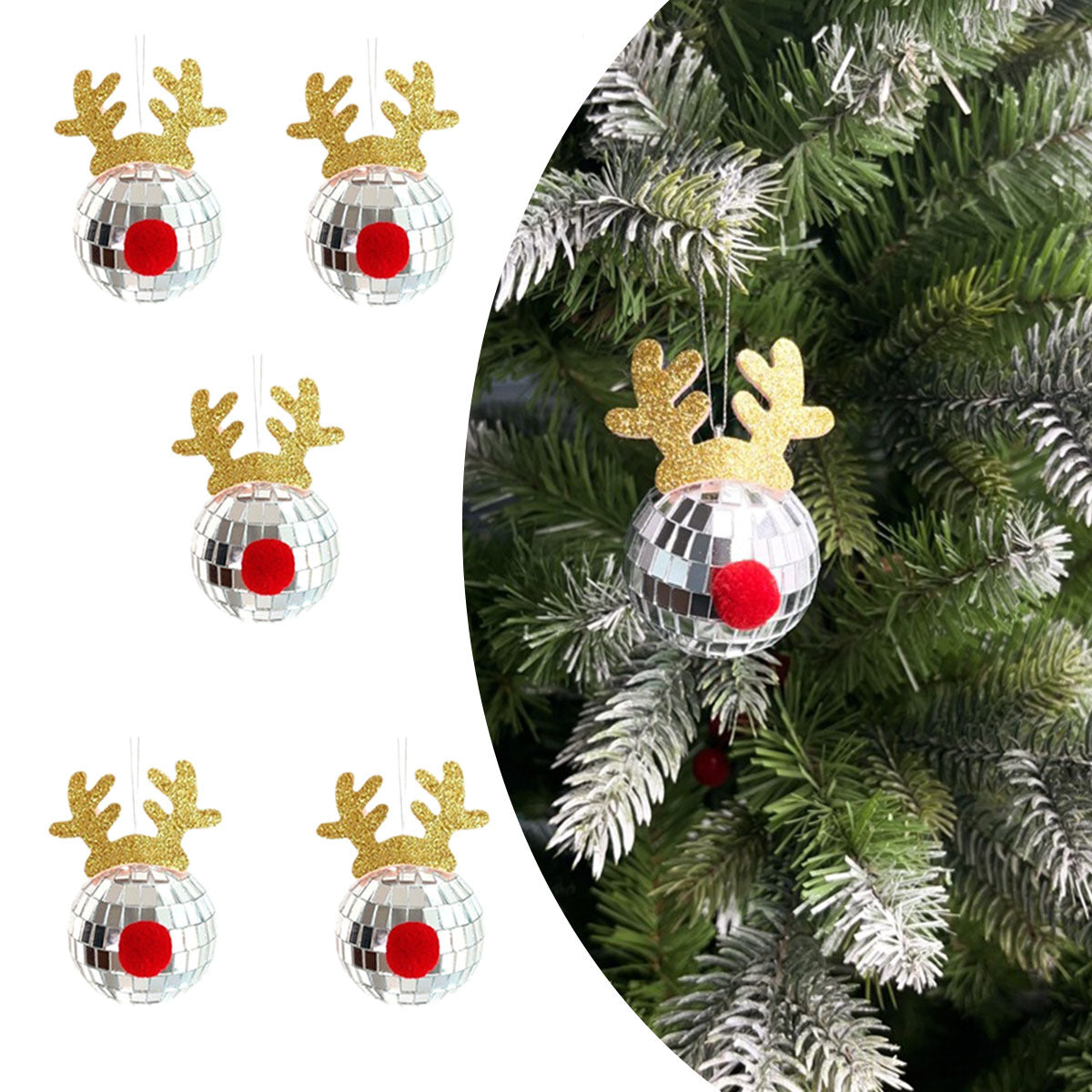 HKM-557139 Silver Disco Mirror Ball Ornaments Set - 5 Pcs Reflective Glass Elk Horns for Tree Decoration, Parties, and Festivals