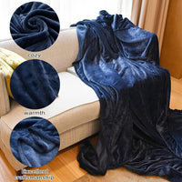 HKM-557843 Extra Large Dark Blue Flannel Blanket - Fleece-Lined for All-Season Comfort