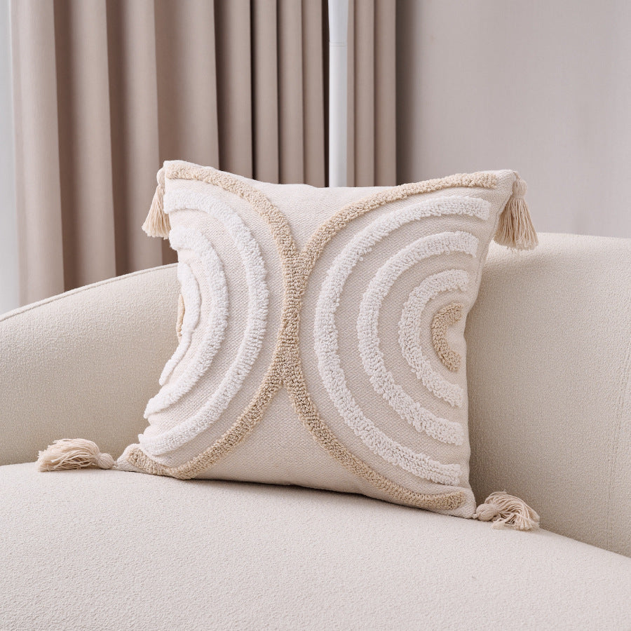 HKM-557907 Bohemian Style Cotton and Linen Pillow Cover with Geometric Patterns and Tassels, 45x45cm