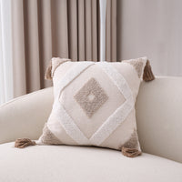HKM-557907 Bohemian Style Cotton and Linen Pillow Cover with Geometric Patterns and Tassels, 45x45cm