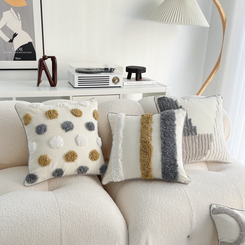 HKM-557907 Bohemian Style Cotton and Linen Pillow Cover with Geometric Patterns and Tassels, 45x45cm