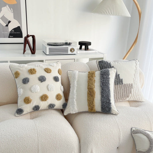 HKM-557907 Bohemian Style Cotton and Linen Pillow Cover with Geometric Patterns and Tassels, 45x45cm