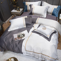 HKM-558163 Italian Light Luxury Four-Piece Cotton Bedroom Set in Dark Gray with Striped Design