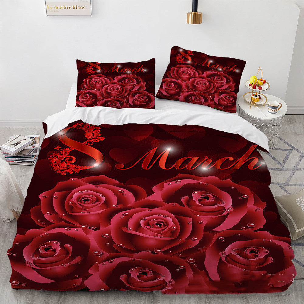 HKM-558483 Floral Digital Printed 3-Piece Bedding Set for 1.8m Bed