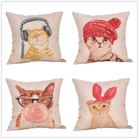 HKM-558547 Cartoon Hand-painted Cat and Rabbit Pillow Cover - 45x45cm Spandex Cushion Cover with Floral Design