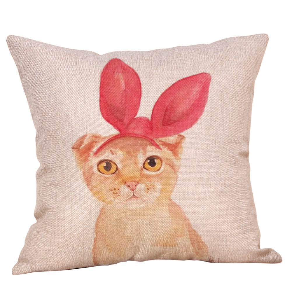HKM-558547 Cartoon Hand-painted Cat and Rabbit Pillow Cover - 45x45cm Spandex Cushion Cover with Floral Design