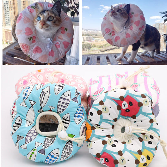 HKM-558867 Soft Cotton Anti-Bite and Anti-Lick Headgear for Cats - Elizabethan Ring Design, Multiple Sizes Available