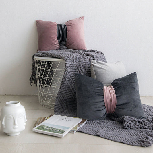 HKM-559123 Solid Velvet Bow Sofa Pillow - 37x52cm Washable Waist Cushion