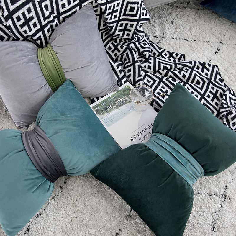 HKM-559123 Solid Velvet Bow Sofa Pillow - 37x52cm Washable Waist Cushion
