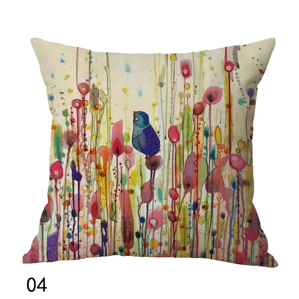 HKM-559379 Bird Pattern Linen Cushion Cover, 45x45cm, Oil Painting Design