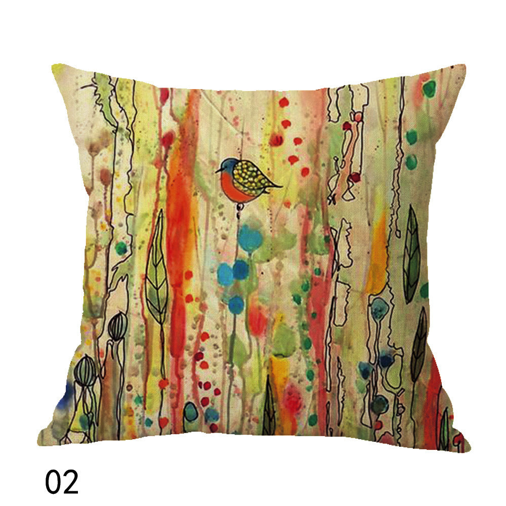 HKM-559379 Bird Pattern Linen Cushion Cover, 45x45cm, Oil Painting Design