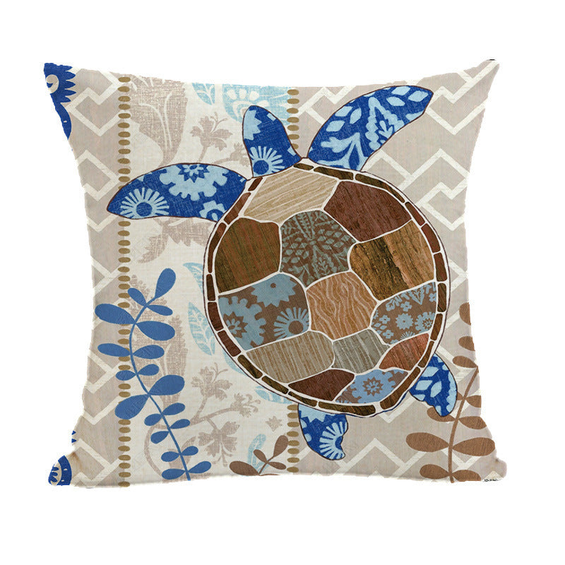 HKM-559699 Marine Animal Print Linen Pillowcase, Cotton and Linen Blend, Ocean Life Design, 45x45 cm