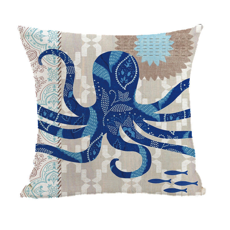 HKM-559699 Marine Animal Print Linen Pillowcase, Cotton and Linen Blend, Ocean Life Design, 45x45 cm
