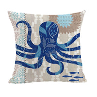 HKM-559699 Marine Animal Print Linen Pillowcase, Cotton and Linen Blend, Ocean Life Design, 45x45 cm