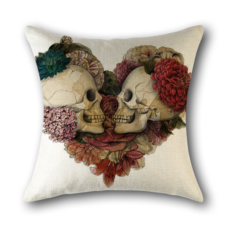 HKM-560851 Skull Print Linen Cushion Cover for Sofa and Bed - Decorative 45x45cm Pillow Case