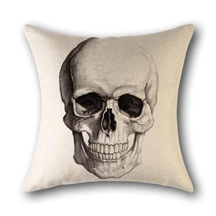HKM-560851 Skull Print Linen Cushion Cover for Sofa and Bed - Decorative 45x45cm Pillow Case